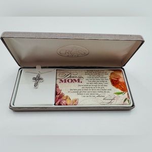Mom Necklace Cross Gifts Silver Plated CZ Scroll Cross 18in Chain Religious New
